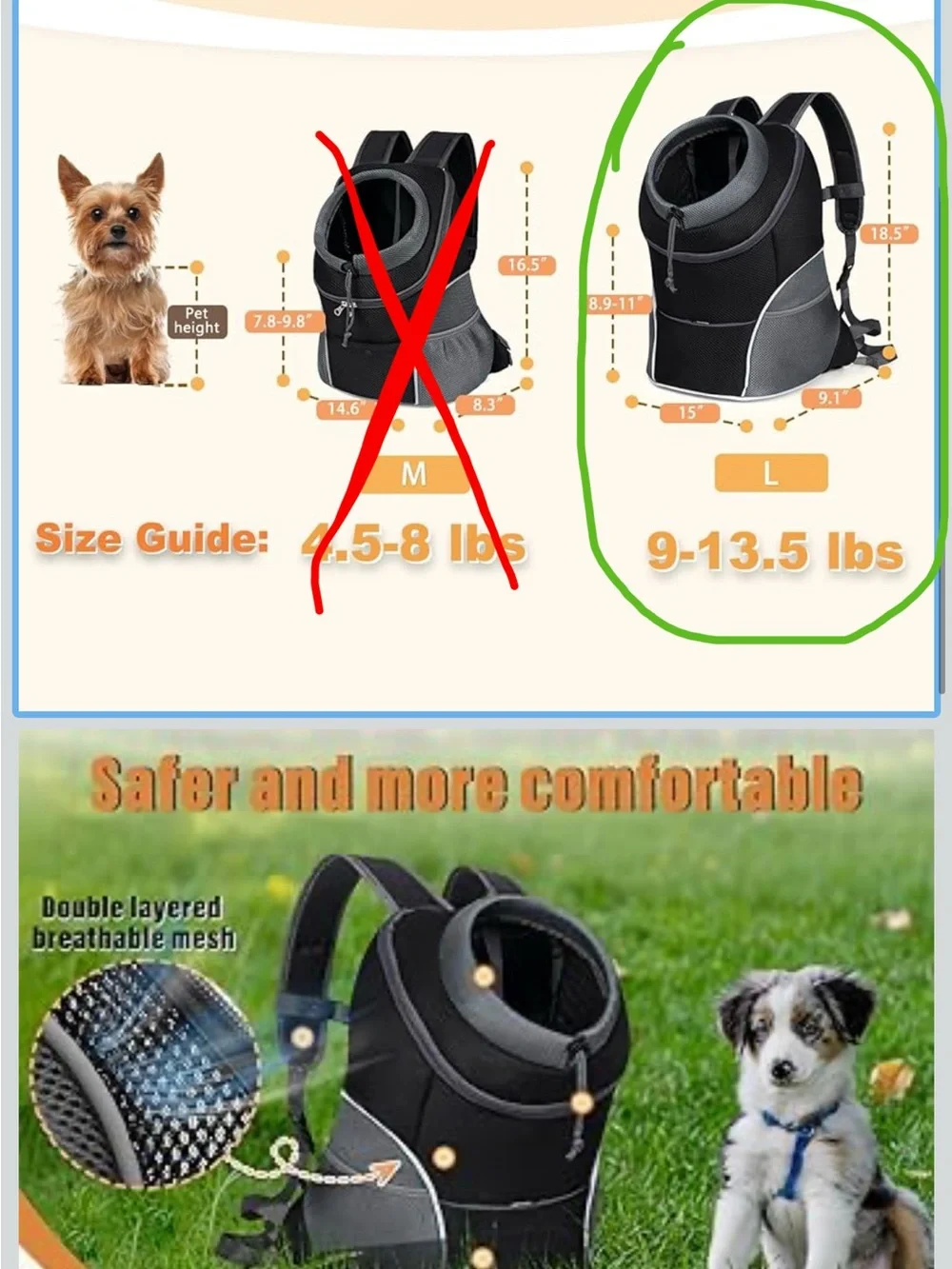 YUDODO Dog Front Carrier Backpack Large 9-13.5 lb Small Pet Hiking Travel